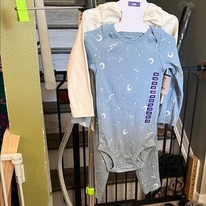 Unbranded Blue Moon & Star Ribbed Long-Sleeve One-Piece for Kids 3 piece